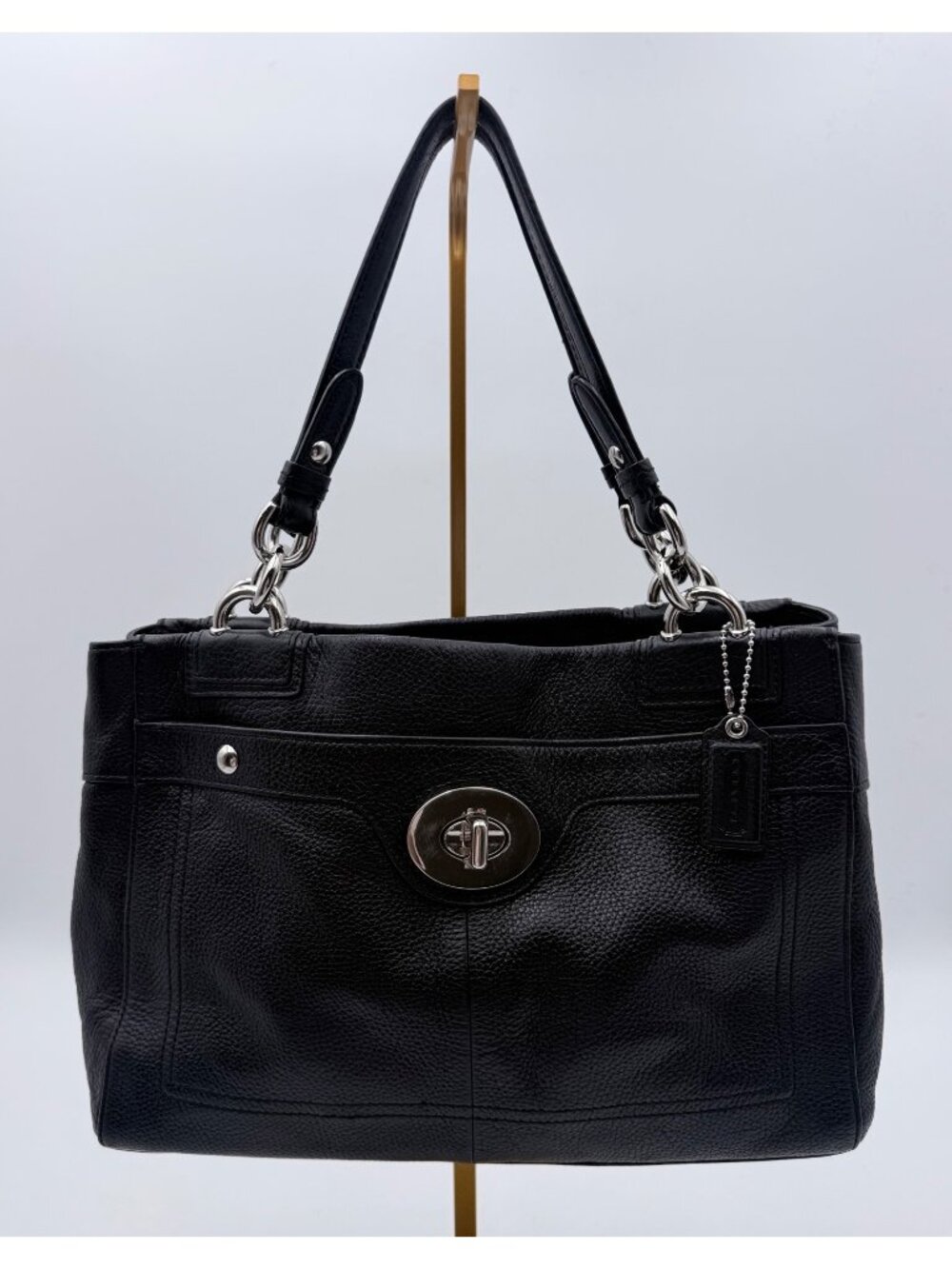 Coach Women’s Black Leather Shoulder Bag Silver-Tone Hardware & Turnlock Closure